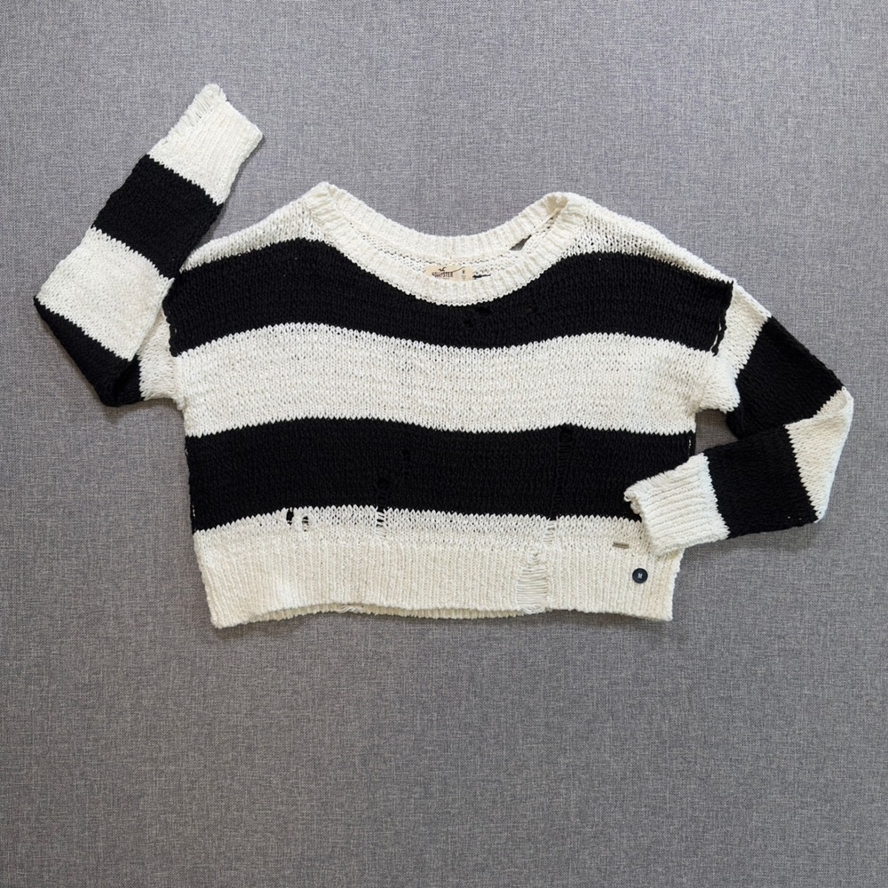 Hollister Sweater Cropped Women Medium Black White Striped Distressed Scoop Neck